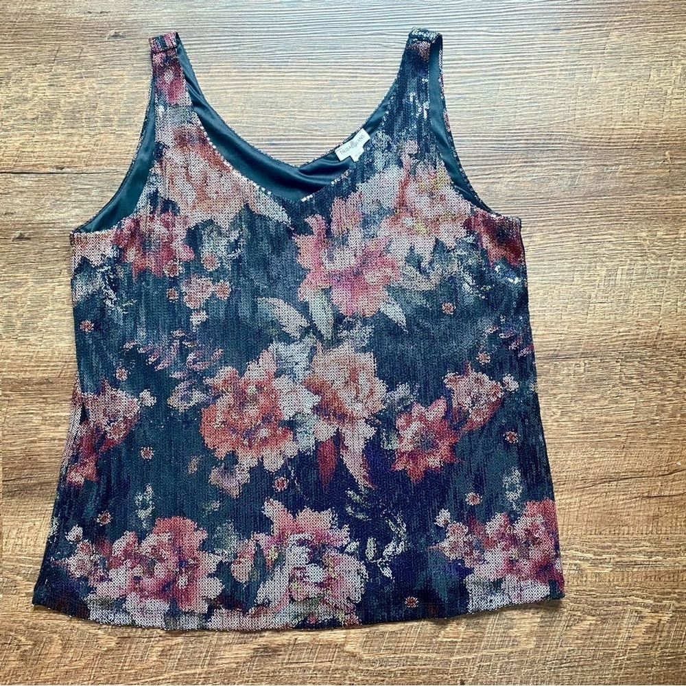 TRIBAL JEANS sexy sequin floral swing cami tank floral shiny sz M party date EUC